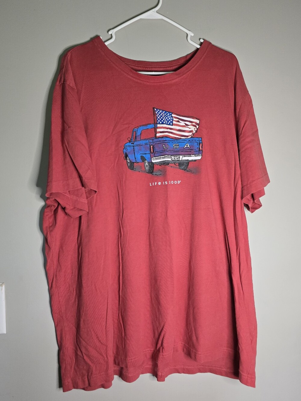 Life Is Good Red Short-Sleeve Tee with Blue Truck and Flag Graphic